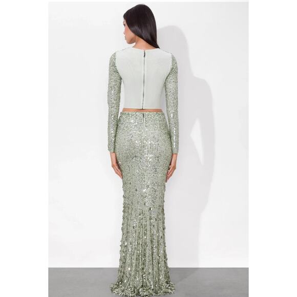 ALICE + OLIVIA Delaina Long Sleeve Sea Green Sequin Crop Top Size Large - Picture 4 of 10